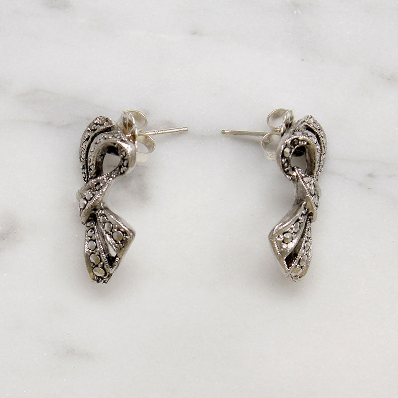 English Silver-Plate & Marcasite Bow Earrings