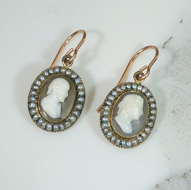 Georgian Man & Woman Cameos in Gold & Pearl Earrings