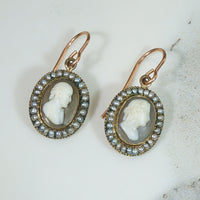 Georgian Man & Woman Cameos in Gold & Pearl Earrings