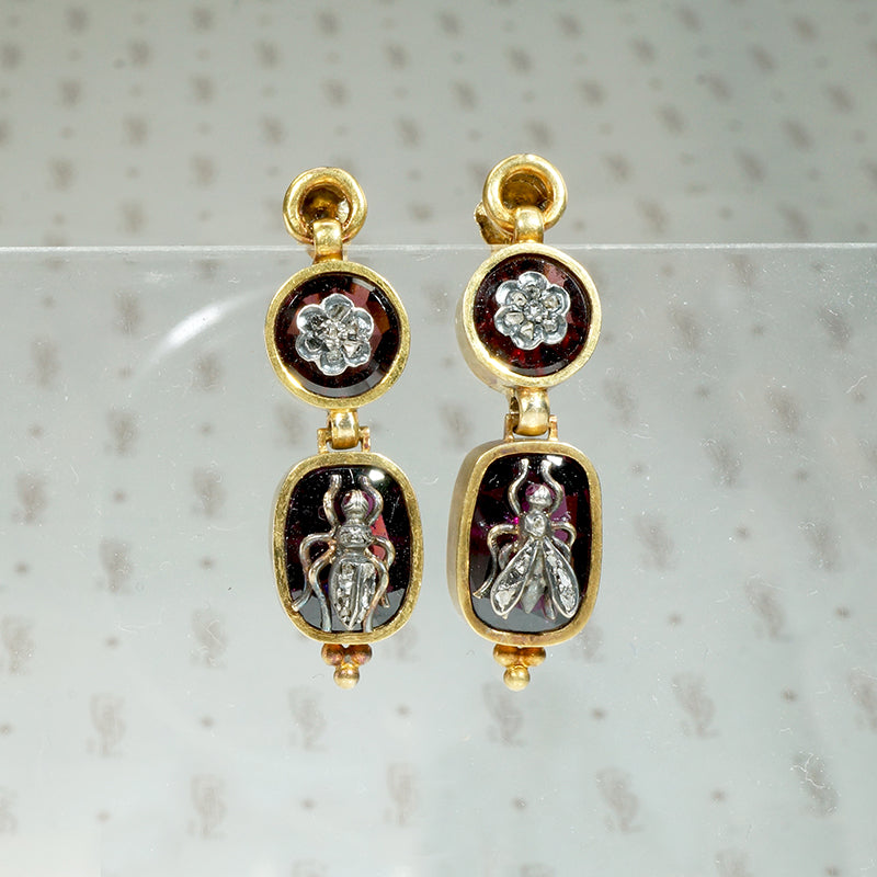 Spider and the Fly Garnet and Rose Cut Diamond Earrings