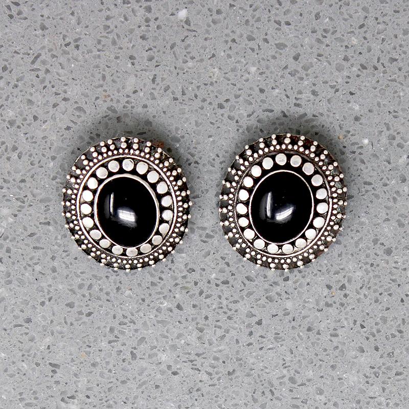 Ornate Onyx & Silver Bead Stud Earrings