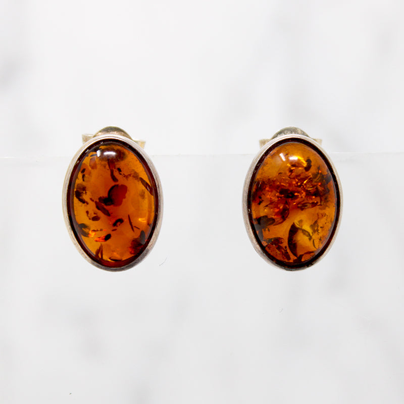 Radiant Oval Amber Cabochon Sterling Stud Earrings