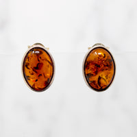 Radiant Oval Amber Cabochon Sterling Stud Earrings