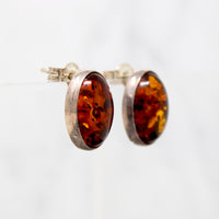 Radiant Oval Amber Cabochon Sterling Stud Earrings