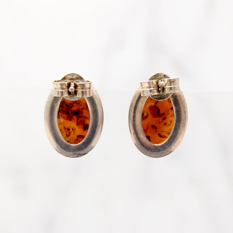 Radiant Oval Amber Cabochon Sterling Stud Earrings