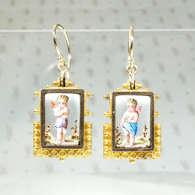 Cupid Earrings in Pastel Enamel & Etruscan Revival Gold Work