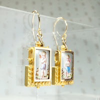 Cupid Earrings in Pastel Enamel & Etruscan Revival Gold Work