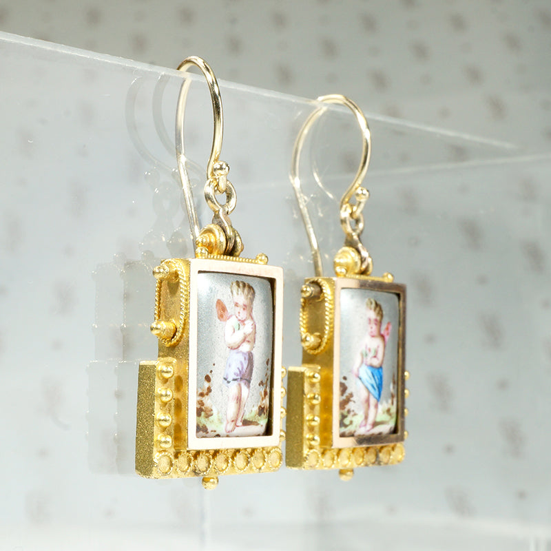 Cupid Earrings in Pastel Enamel & Etruscan Revival Gold Work