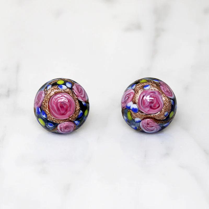 Pink Roses & Cobalt Blue Murano Glass Studs