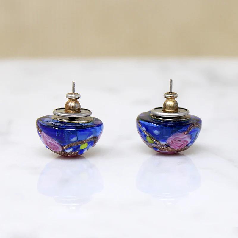 Pink Roses & Cobalt Blue Murano Glass Studs