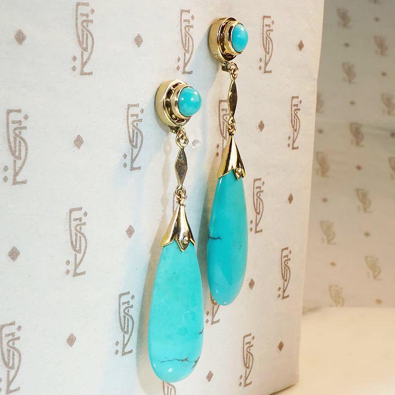 Sublime Deco Era Turquoise & Gold Drop Earrings