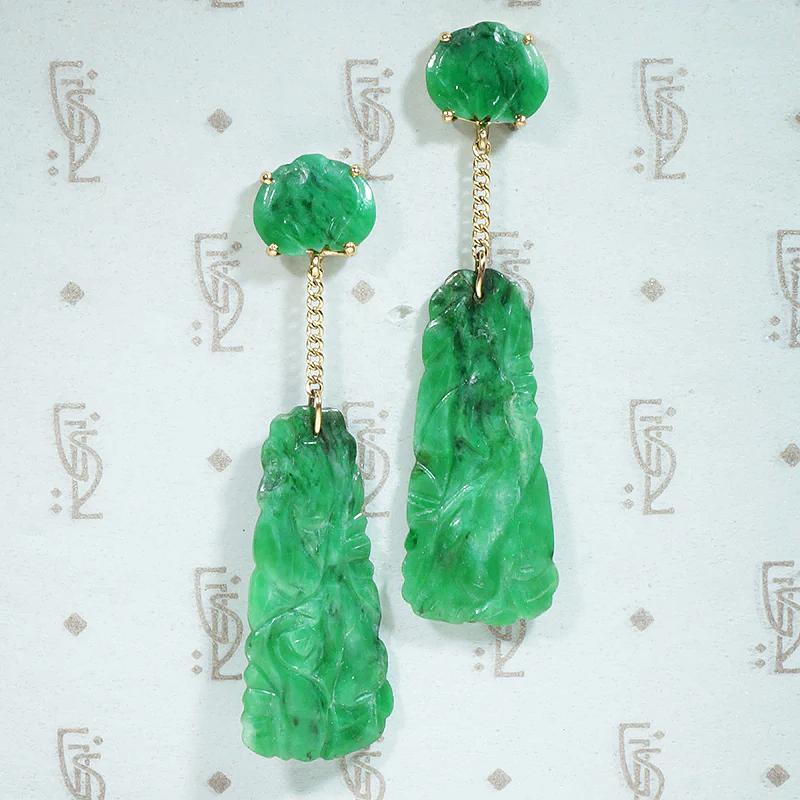 Carved Jade & Gold Drop Earrings in Original Box