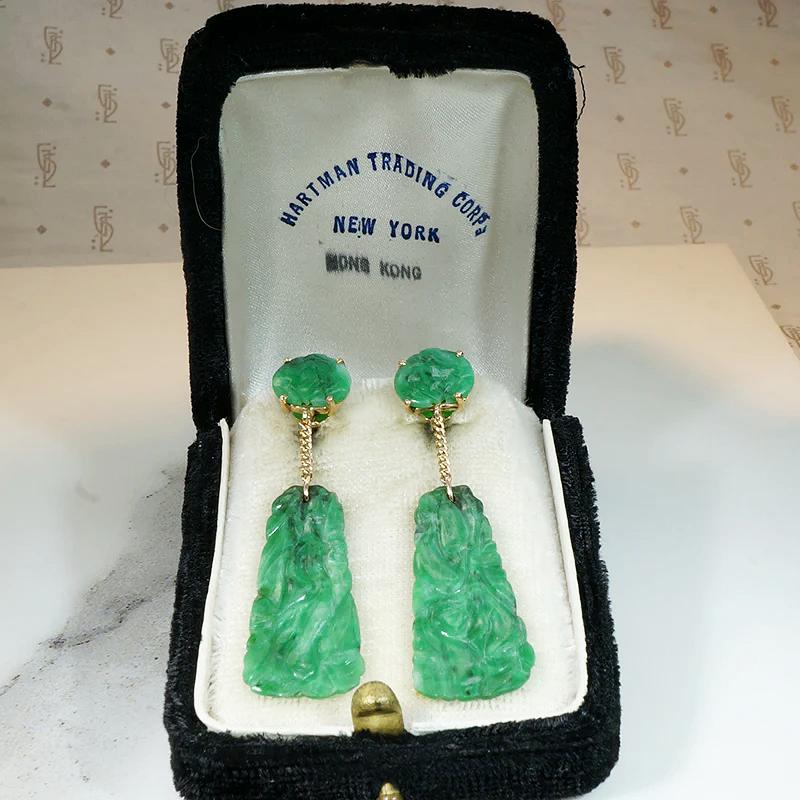 Carved Jade & Gold Drop Earrings in Original Box