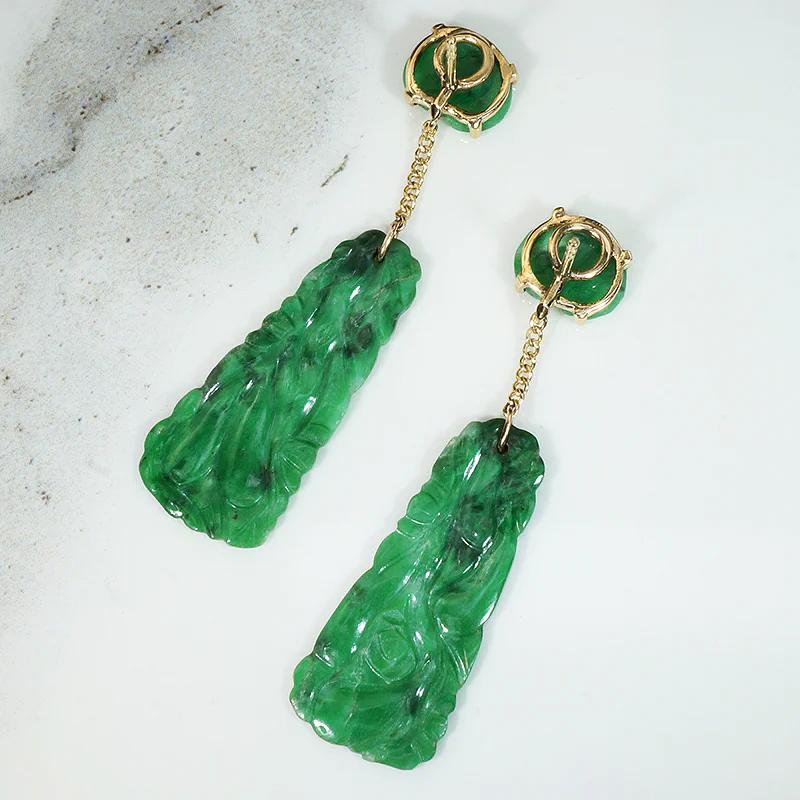Carved Jade & Gold Drop Earrings in Original Box
