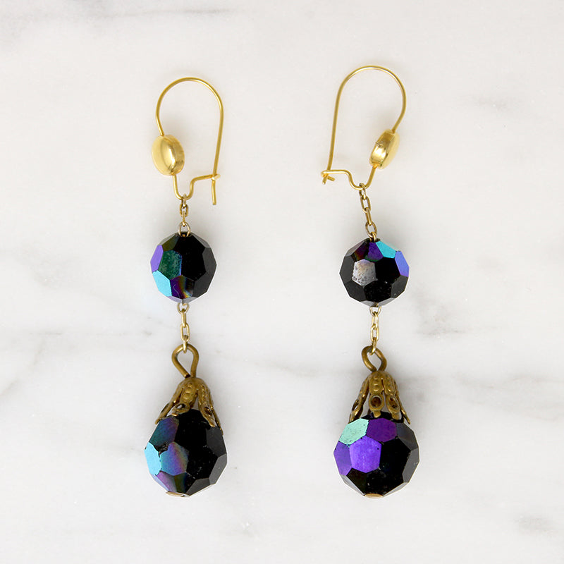 Vampy Black Aurora Borealis Bead Drop Earrings