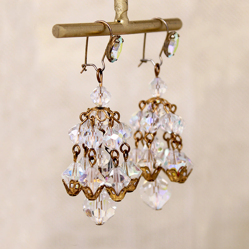 Aurora Borealis Beads & Brass Filigree Chandelier Earrings