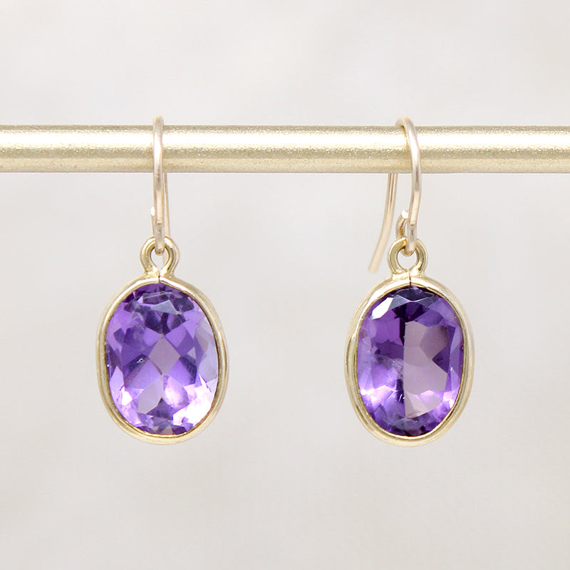 Vibrant Amethyst in Gold Bezel Drop Earrings