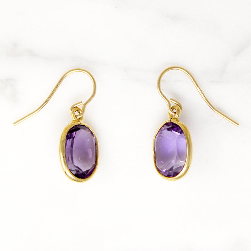 Vibrant Amethyst in Gold Bezel Drop Earrings