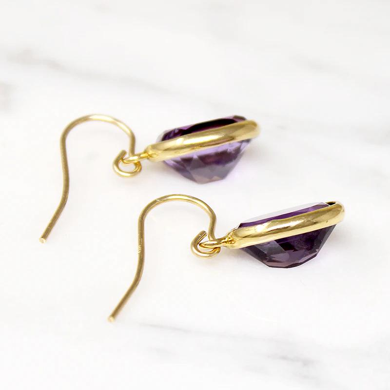 Vibrant Amethyst in Gold Bezel Drop Earrings