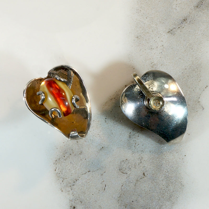 Mexican Sterling & Art Glass Leaf Earrings