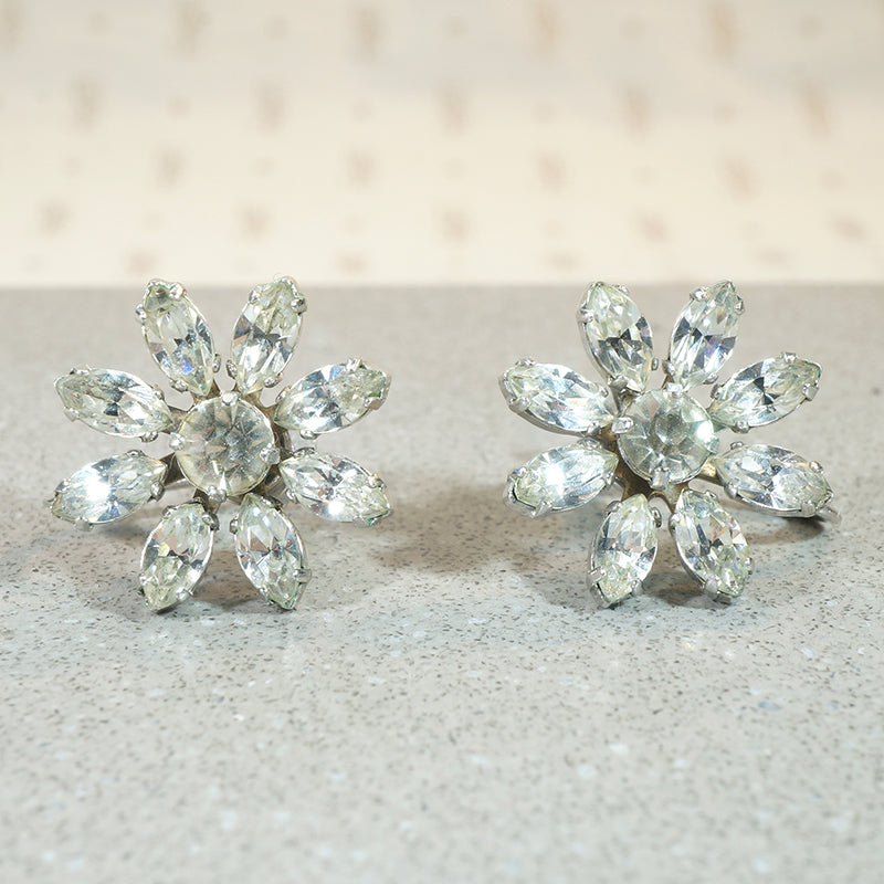 Icy Rhinestone Flower Screw Back Earrings