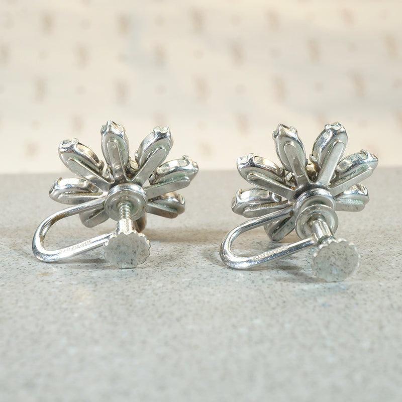 Icy Rhinestone Flower Screw Back Earrings