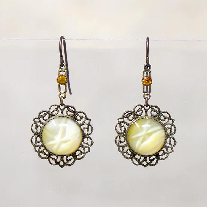Yellow Art Glass & Brass Filigree Drop Earrings