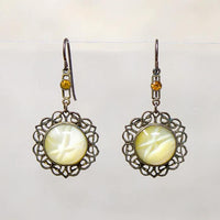 Yellow Art Glass & Brass Filigree Drop Earrings