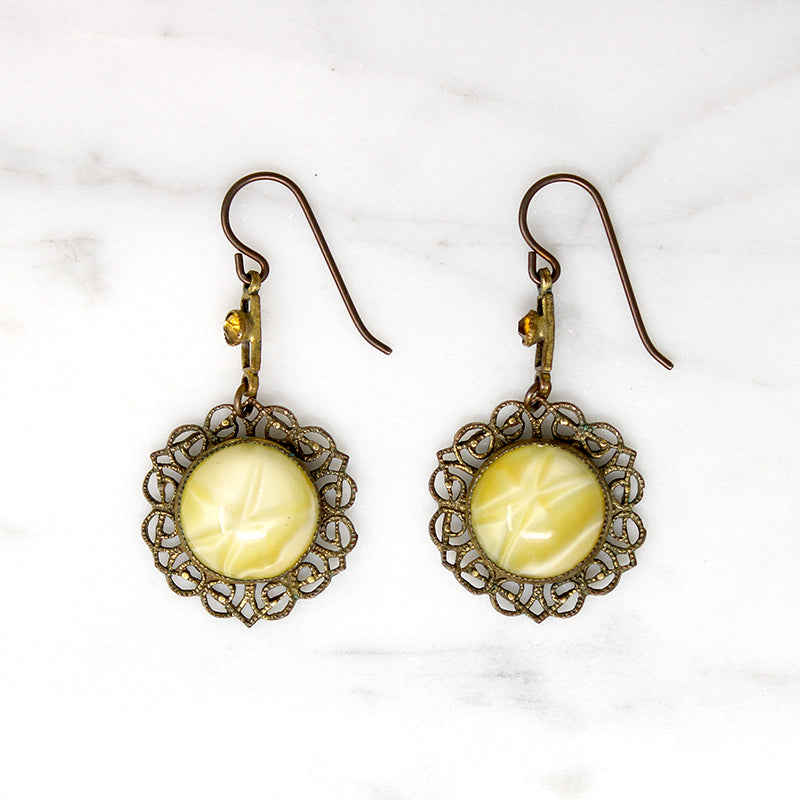 Yellow Art Glass & Brass Filigree Drop Earrings