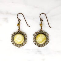 Yellow Art Glass & Brass Filigree Drop Earrings