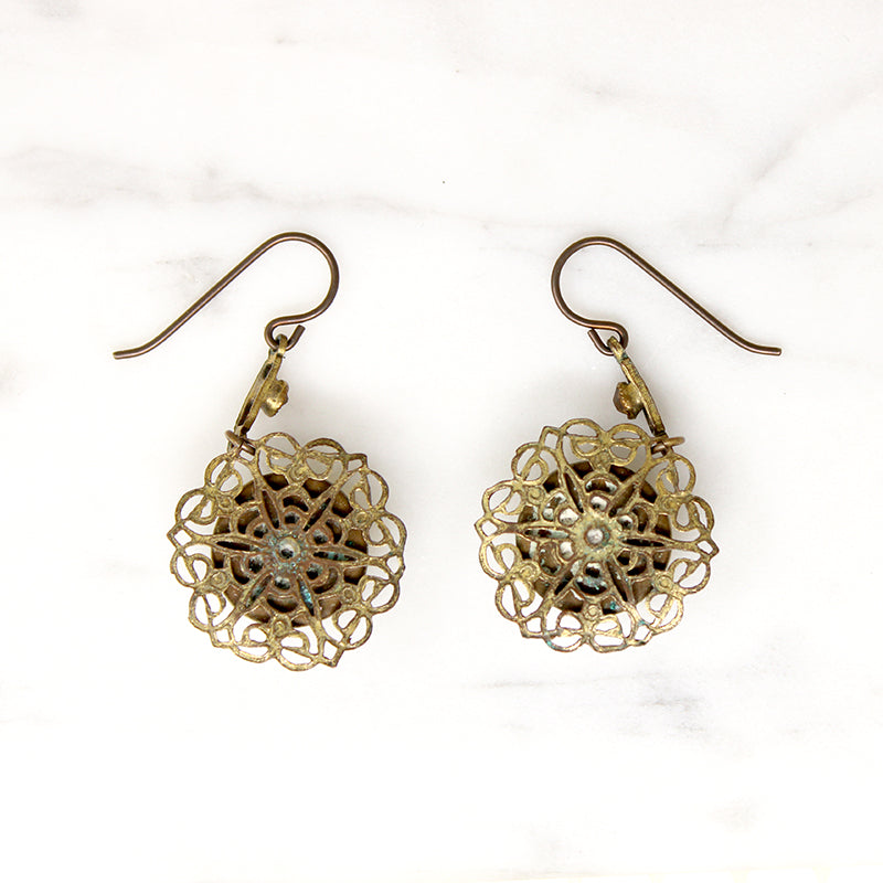 Yellow Art Glass & Brass Filigree Drop Earrings