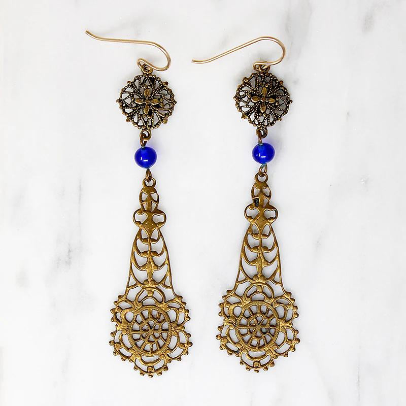 Bohemian Brass & Blue Bead Pendulum Earrings