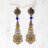 Bohemian Brass & Blue Bead Pendulum Earrings