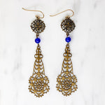 Bohemian Brass & Blue Bead Pendulum Earrings