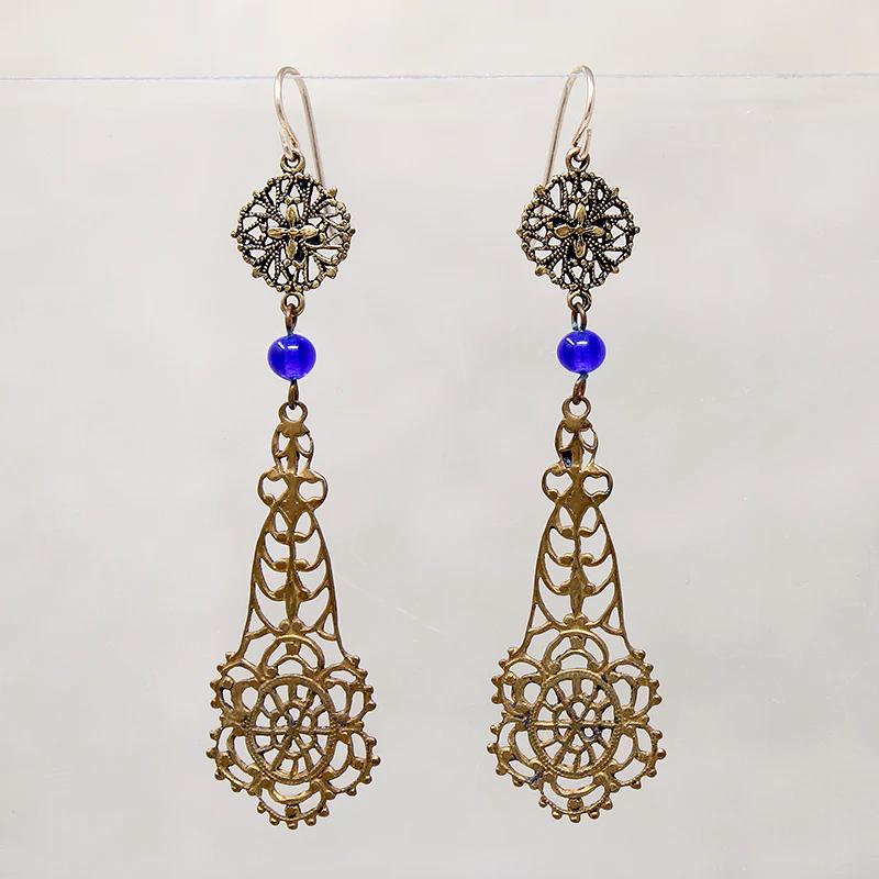 Bohemian Brass & Blue Bead Pendulum Earrings