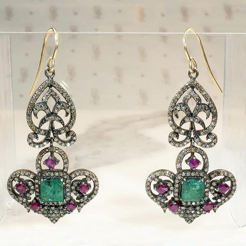 Opulent Emerald, Ruby & Diamond Estate Earrings 