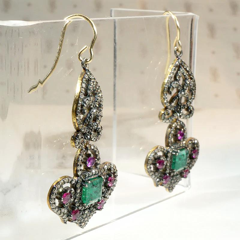 Opulent Emerald, Ruby & Diamond Estate Earrings 