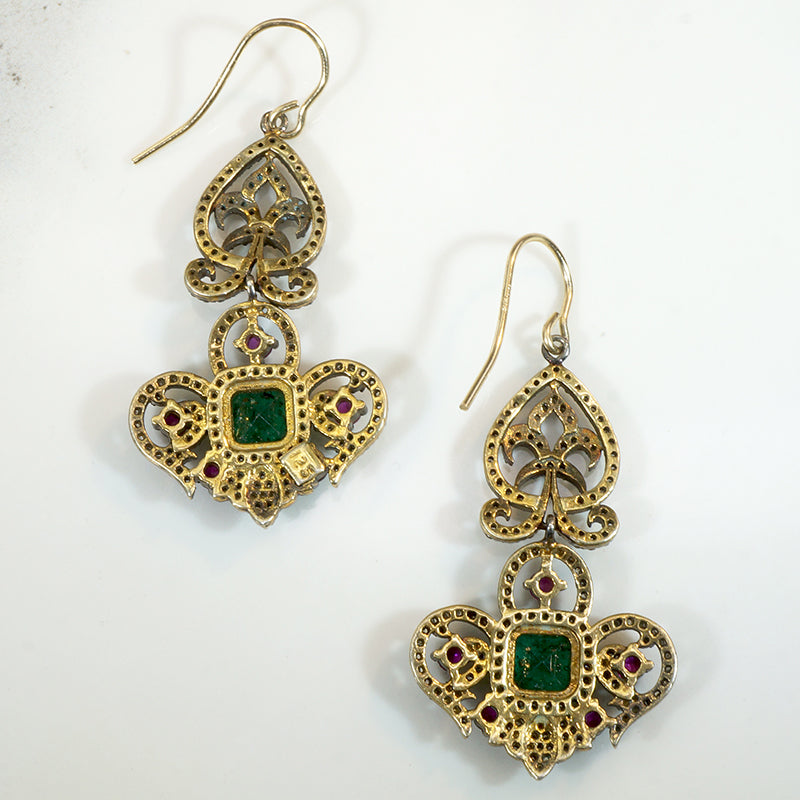 Opulent Emerald, Ruby & Diamond Estate Earrings 