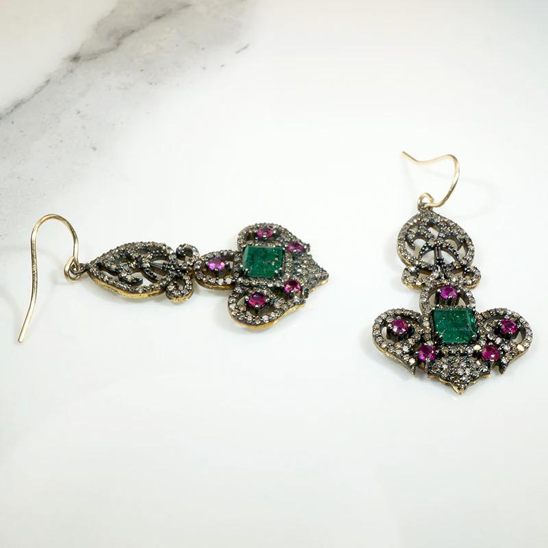 Opulent Emerald, Ruby & Diamond Estate Earrings 