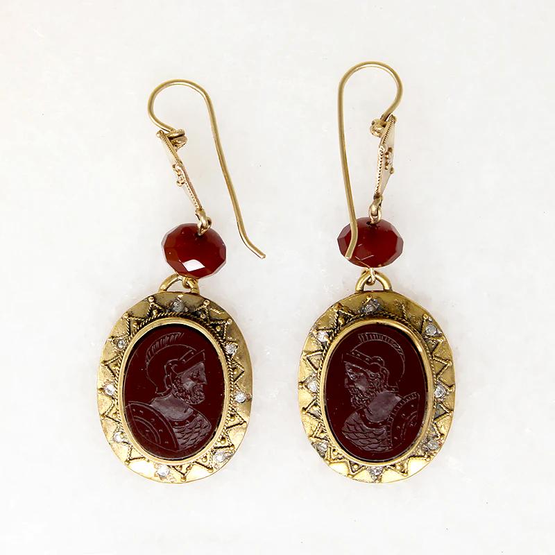 Carnelian Intaglio Drop Earrings with Diamond Accents