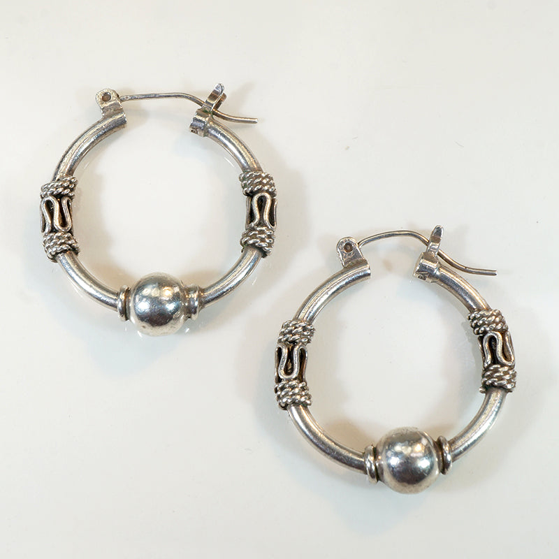 Sterling Hoop Earrings Banded with Filigree