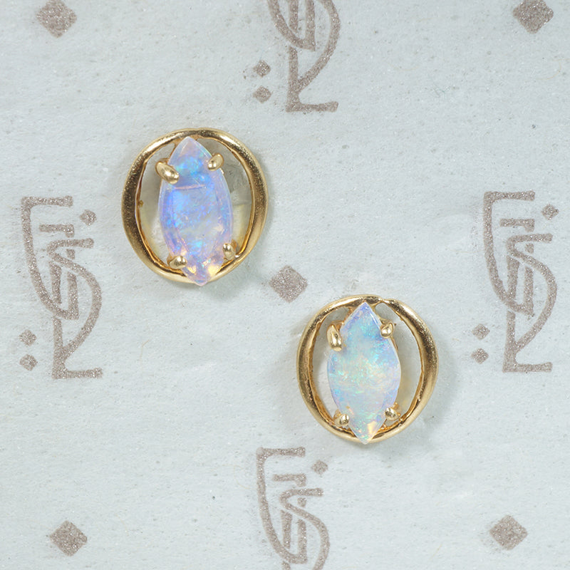 Petite Marquis-Shaped Opal & Gold Stud Earrings