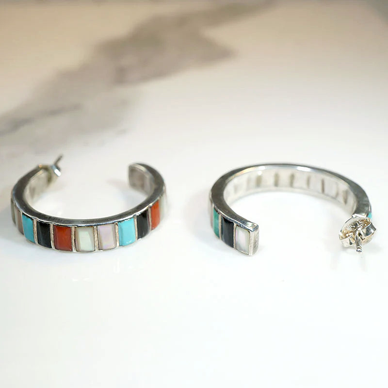 Colorful Inlay Sterling Silver Hoop Earrings