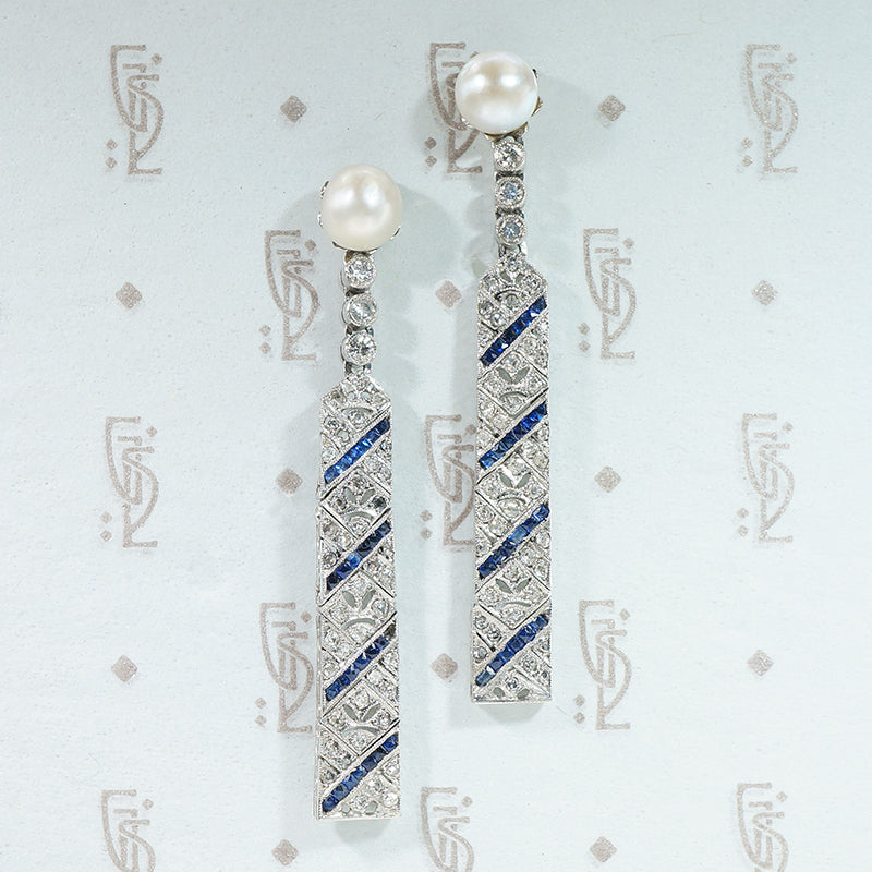 Splendid Deco Platinum Earrings with Pearl, Diamond & Sapphire