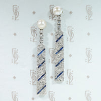 Splendid Deco Platinum Earrings with Pearl, Diamond & Sapphire