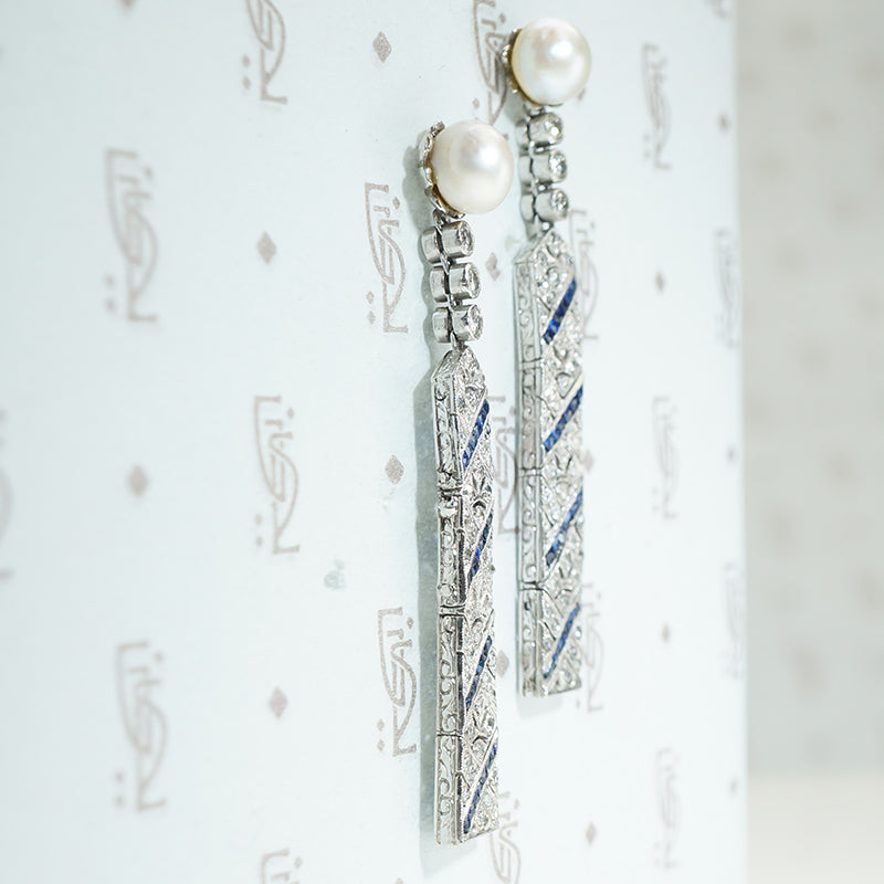 Splendid Deco Platinum Earrings with Pearl, Diamond & Sapphire