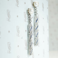 Splendid Deco Platinum Earrings with Pearl, Diamond & Sapphire