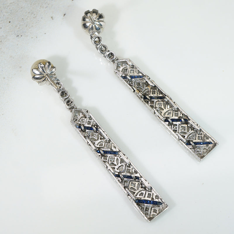 Splendid Deco Platinum Earrings with Pearl, Diamond & Sapphire