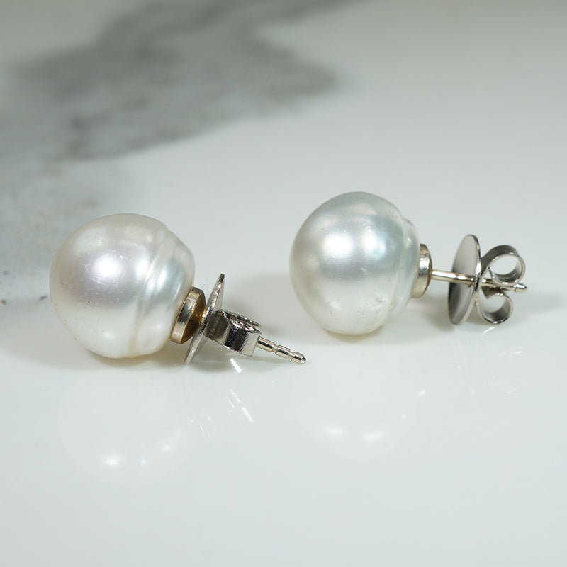 Silvery 12mm Baroque Pearl & White Gold Studs