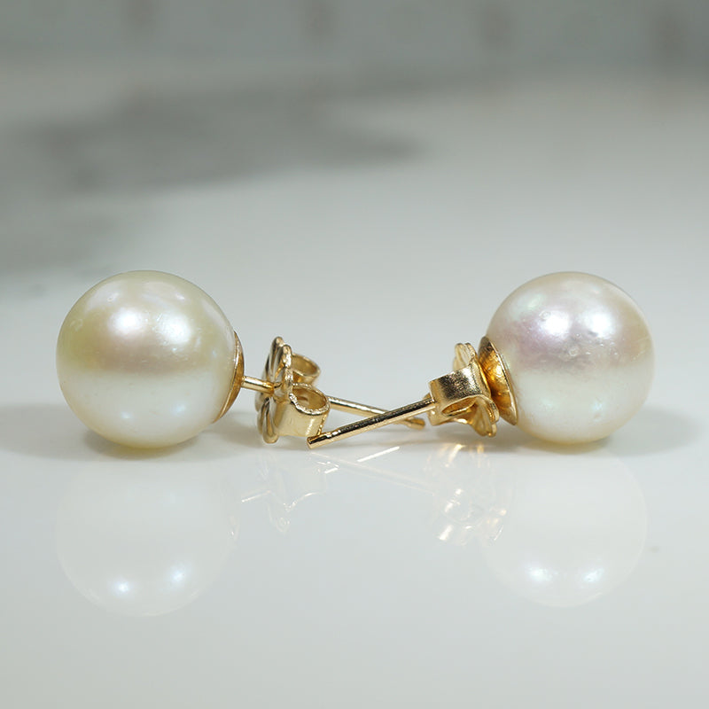 Elegant 9mm Pearl & 14k Gold Stud Earrings